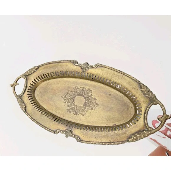 Castilian Brass Tray Vtg Lrg Solid Heavy Handles Ornate Footed Feet 18x9