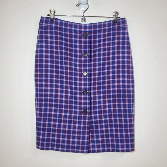 J. Crew Button-front Pencil in Mott Plaid Royal Petunia Check Skirt Size 6‎