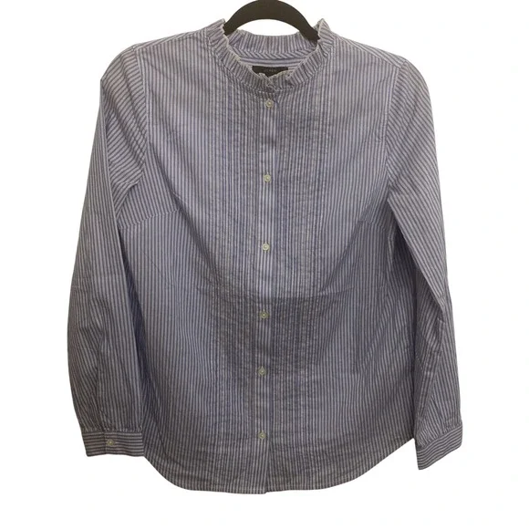 J CREW Ruffleneck tuxedo shirt in striped lightweight cotton poplin Blue XS‎