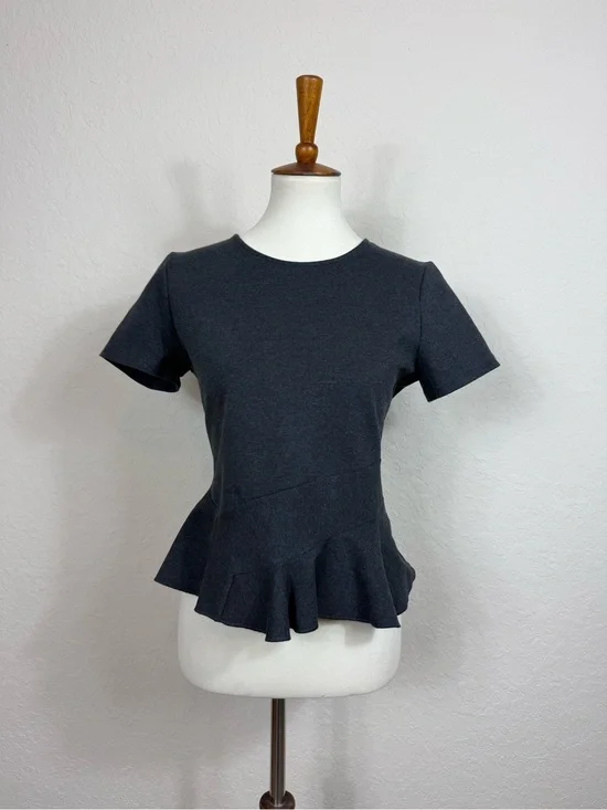 J. Crew Charcoal Grey Peplum Short Sleeve Ruffle Top Pleated Size M