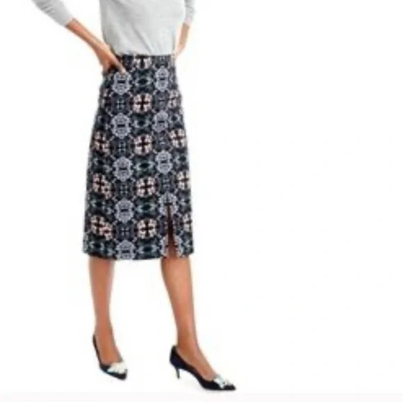 J Crew black mirrored floral midi skirt