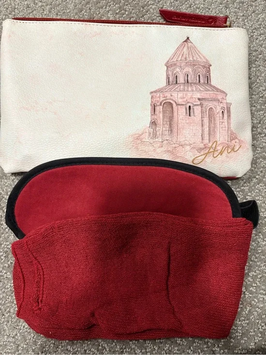 White Pouch with Pink Architectural leather Print & Red Velvet Eye Mask Set