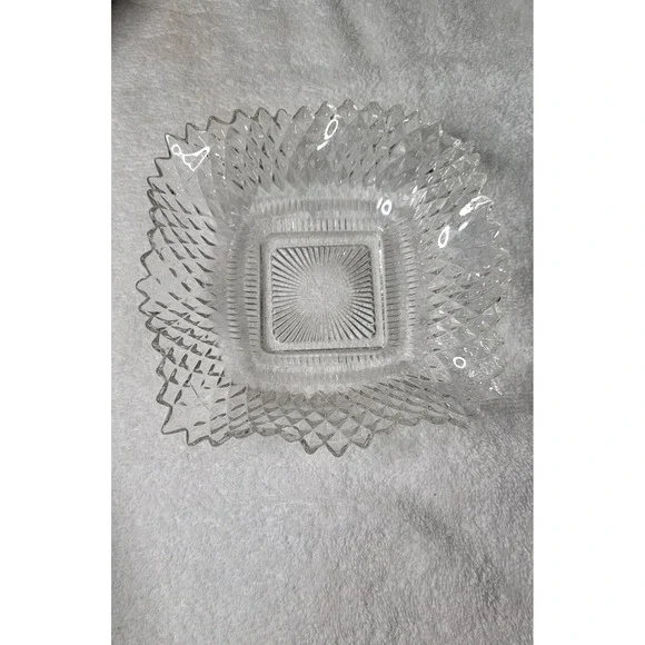 Vintage Clear Pressed Glass Square Diamond Point Sawtooth Rim Candy Bowl 7.5in