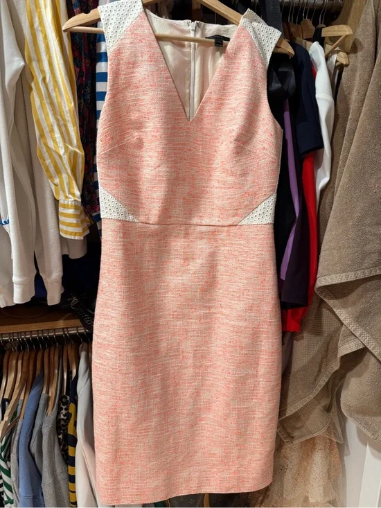 J. Crew Coral Pink Tweed V-Neck Sheath Dress with White Eyelet Trim