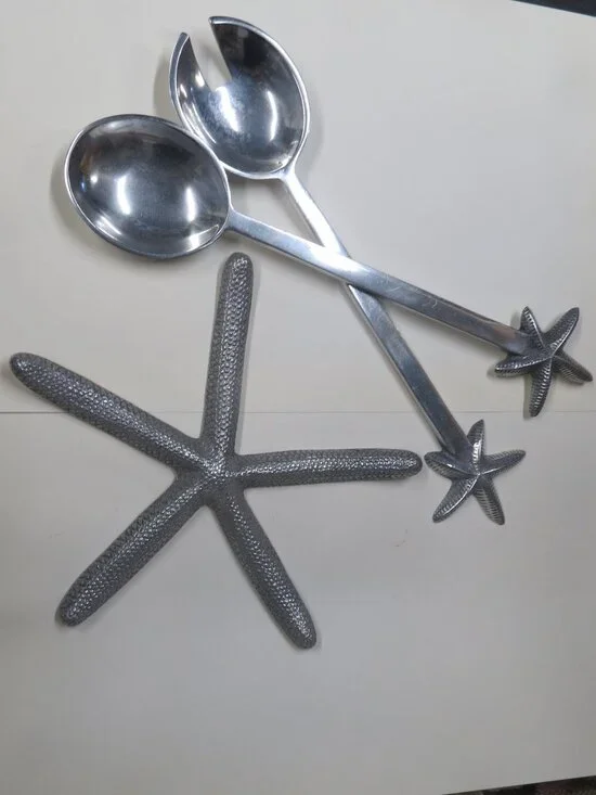 STARFISH SET Fork & Spoon Salad Servers & Napkin Holder Seaside Coastal Nautical