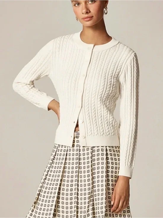 NWT$128 J. Crew Cable Knit Crewneck Cardigan, Merino Wool, Ivory Lace, S, Small