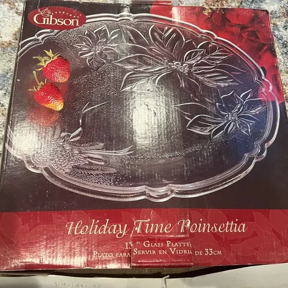 Gibson‎ Round Clear Glass Platter NEW 13 Inch Holiday Time Poinsettia Christmas.