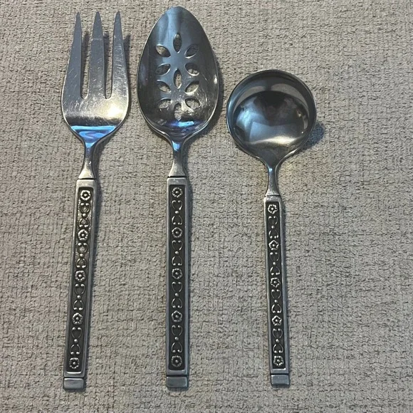 Vintage Gorham Hacienda Stainless Serving Set Fork Pierced Spoon Gravy Ladle