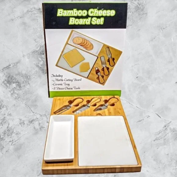 Vintage Bamboo Cheese Board Set NIB
