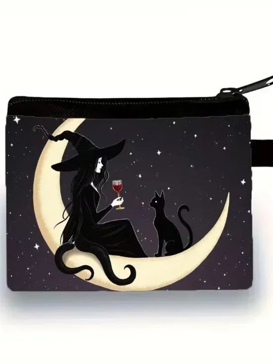 Halloween Gothic Witch w Red Wine and Cat Makeup Bag Double-Sided 4.1
