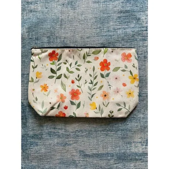 Orange Yellow Flower Cotton Canvas Small Makeup Bag Travel Toiletry Pouch