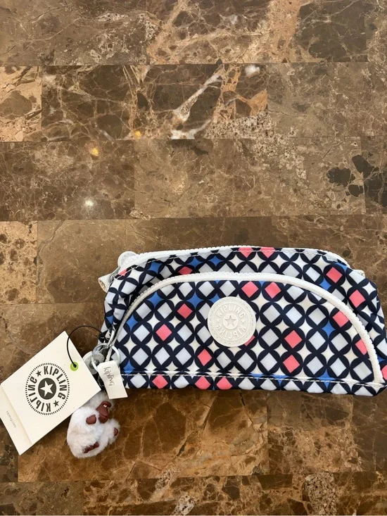 Kipling Navy, Pink & White Diamond-Print Cosmetic Pouch