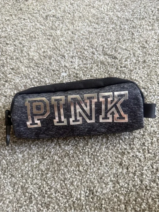 PINK Victoria's Secret Black Heather Cosmetic Pouch with Metallic Pink Logo