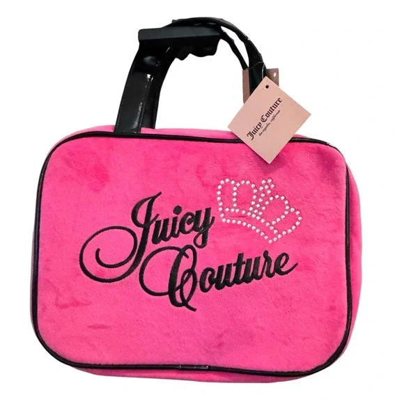 Juicy Couture Pink Velour Hanging Travel Cosmetic Bag Bling Y2K Key Charm NWT