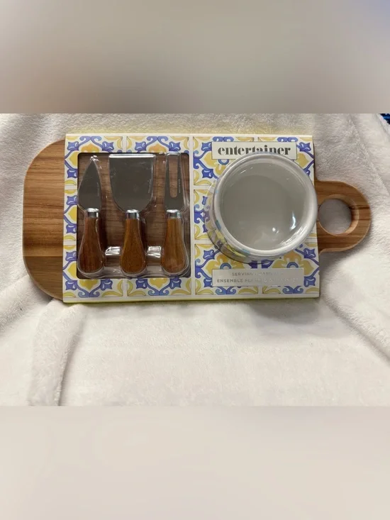 Entertainer Wood-Handled Cheese Knife Set with Blue & Yellow Pattern Dip Bowl
