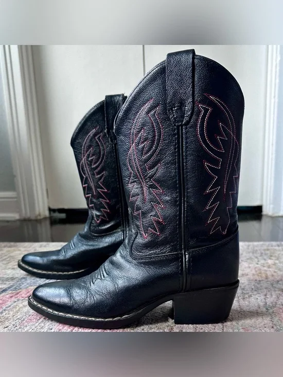 Kid’s Black Leather Cody James Cowboy Boots with Red Stitching