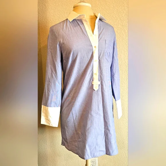 J. Crew Blue and White Collared Midi Shirt Dress