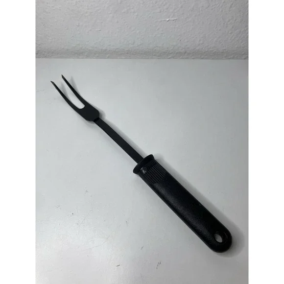 Vintage EKCO Black Coated Metal Meat Serving Fork w/Sure Grip Black Handle‎