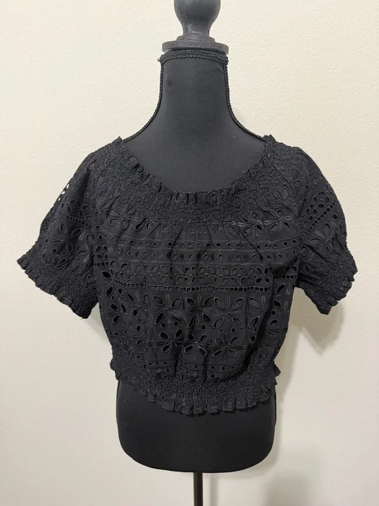NWOT J. Crew Black Eyelet Smocked Crop Top