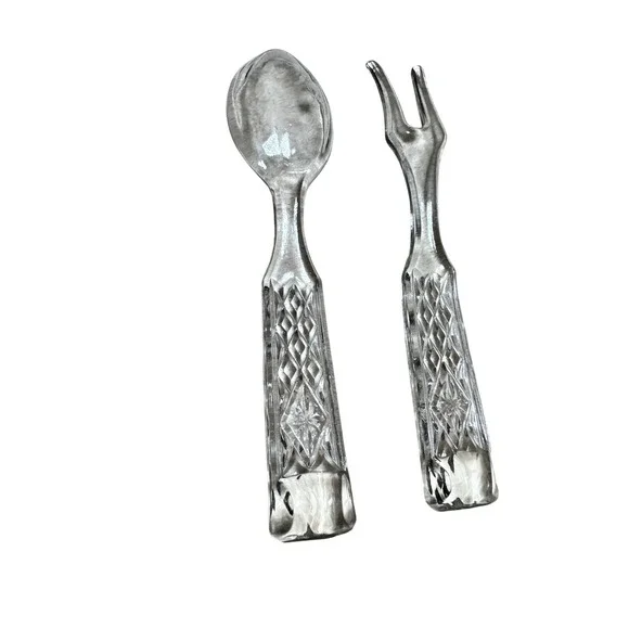 Vintage Clear Glass Salad Servers Set Diamond Cut Pattern Spoon and Fork 9 Inch