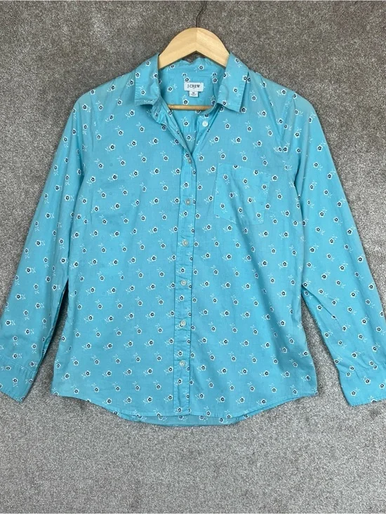 J Crew Shirt Womens Medium Blue Floral Cotton Long Sleeve Button Pocket- 4951