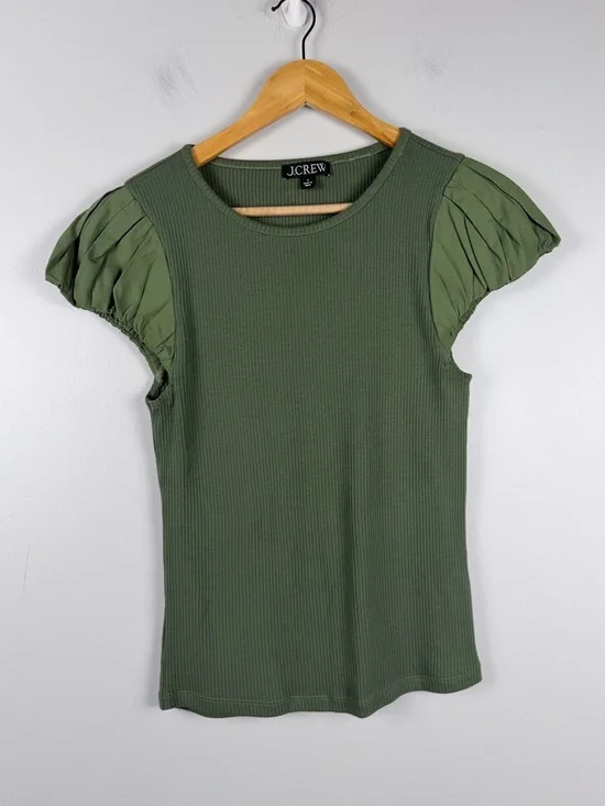 J. Crew Vintage rib T-shirt with cotton poplin puff sleeves green size small