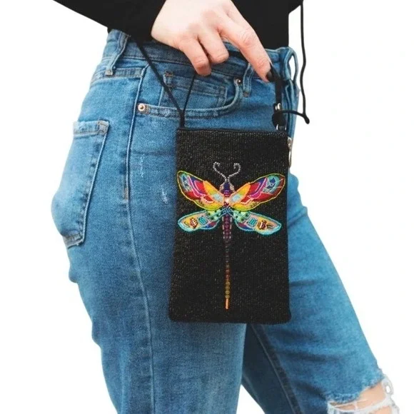 Bamboo‎ Trading Colorful Dragonfly Club Crossbody Sling Purse Bag S Black Beaded