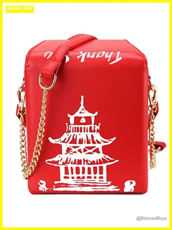 PU Chinese Takeout Box Pagoda Print Crossbody Shoulder Bag Tote Purse