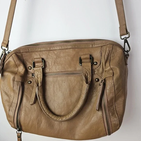 Lucky Brand Tan Brown Leather Satchel‎ Shoulder Crossbody Bag Purse Zip Medium