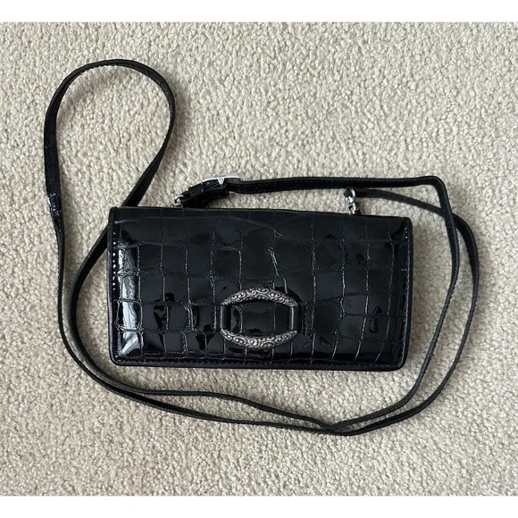 Brighton Patent Leather WALLET Crossbody Convertible‎ Clutch BLACK Croc Tri Fold