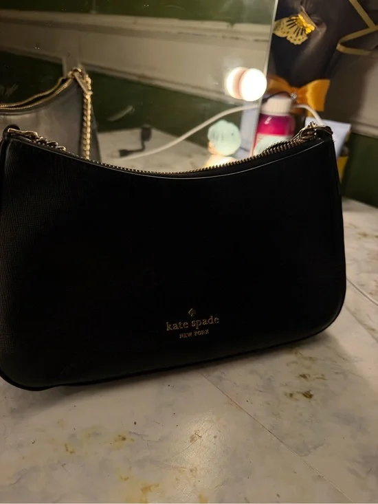 kate spade Black Leather Crossbody with Gold Chain Accent