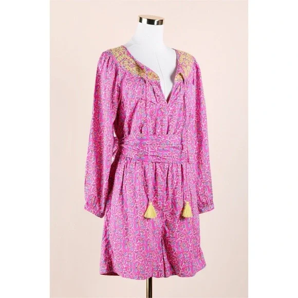 Sz 2 J. Crew Cotton Embroidered Tie Waist Romper In Pink Vines Block Print EUC