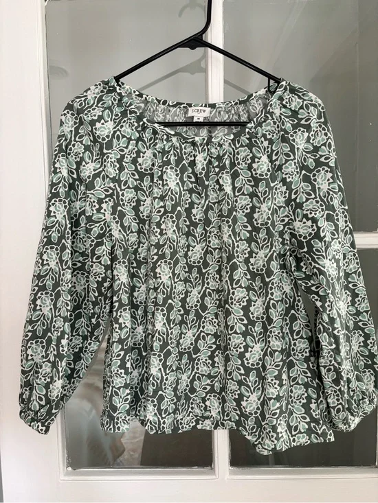 J. Crew, White and Green Floral Lightweight Blouse, Size M