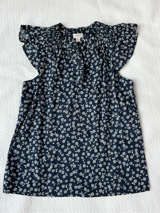 J. Crew Navy Flutter-sleeve block-print top, Size XS