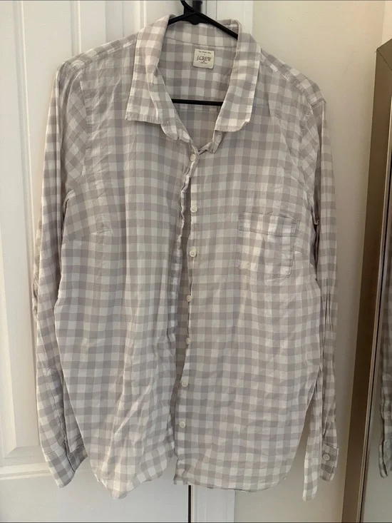 J. Crew Women's Beige and White Gingham Button-Down Shirt