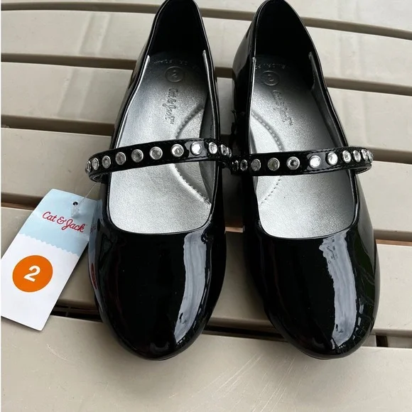 Cat & Jack Brooke Girls Black Patent Rhinestone Mary Jane Flats Size‎ 2 NEW