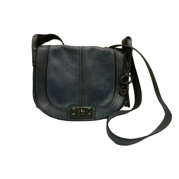Fossil Vintage Revival Flap Crossbody Purse‎ Dark Gray Leather Turn Lock Charm