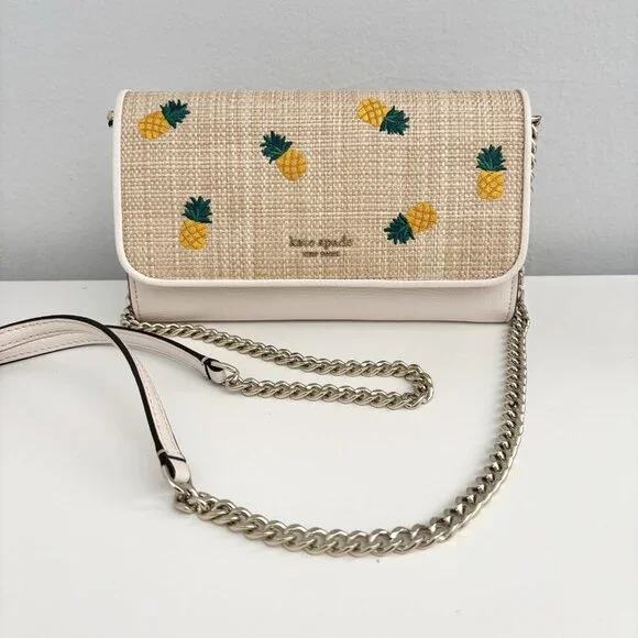 kate spade Pineapple Embroidered Straw Crossbody in Cream and Yellow