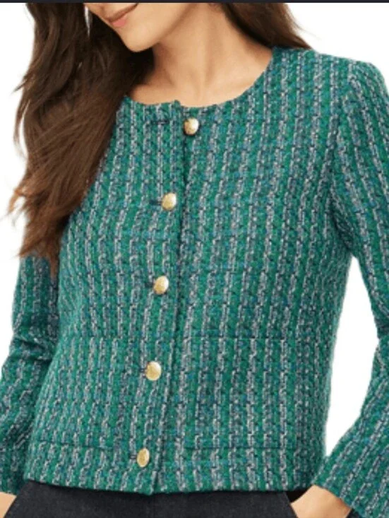 J. Crew Factory Teal Tweed Collarless Jacket with Gold Buttons