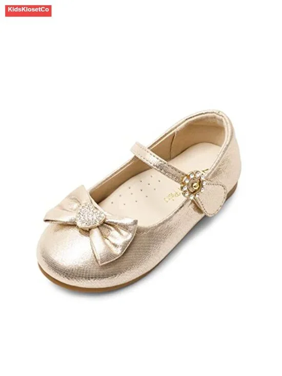 Girls Heart Rhinestone Bow Ballerina Flat Dress Shoes with Hook & Loop Strap
