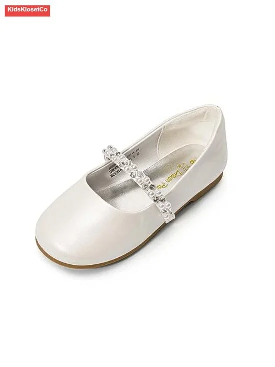 Girls Mary Jane Dress Shoes Ballerina Flats with Pearls and Rhinestones for
