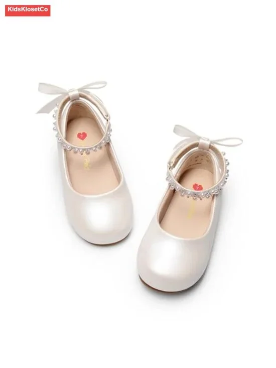 Toddler Girl Mary Jane Ballet Flat Shoes with Pearl Ankle Strap & Satin Bow