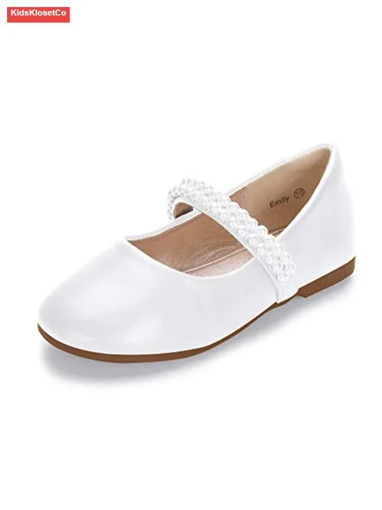 Toddler Mary Jane Princess Flats with Bow and Pearls, Round Toe, Slip On