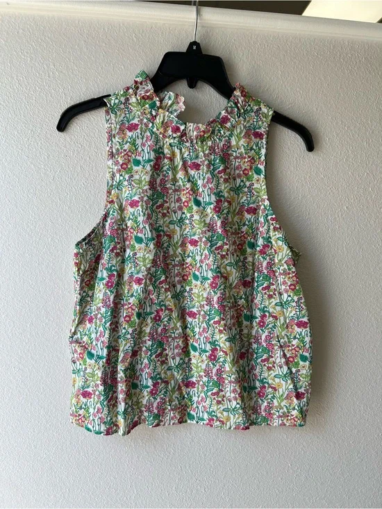 J Crew Sleeveless Floral Ruffle Neck Top - Pink & Green