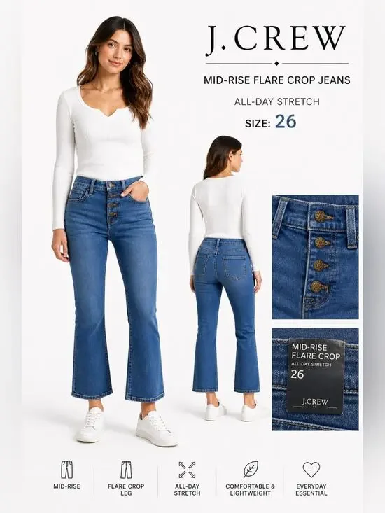 J.Crew Mid-Rise Flare Crop Jeans Women’s Size 26 All-Day Stretch Denim