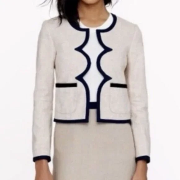 NWT J.Crew Scalloped Linen Jacket Beige Navy Trim Size 0
