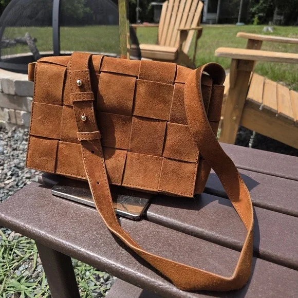 FURNIQ Hoxton‎ Camel Brown Woven Suede Handbag Crossbody MSRP $350