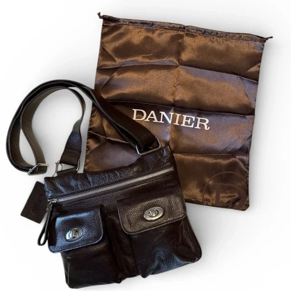 Danier Dark Brown Pebbled Leather Crossbody Bag Adjustable Strap Multi Pocket