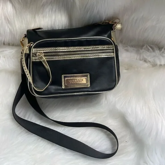 Versace Parfums black small crossbody bag with gold trims accent