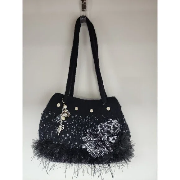 Artisan Handmade Black Felted Wool Purse Cupid  Bag Charm Dragonfly Lining Y2K